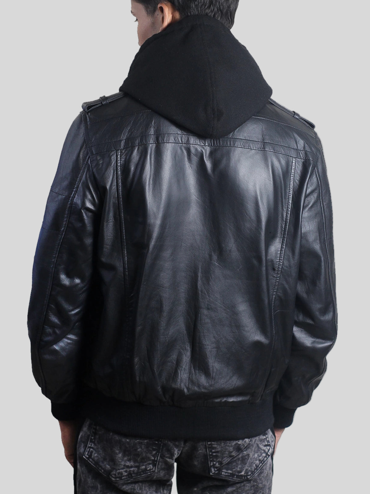 Men’s Black Lambskin Leather Hooded Bomber Jacket