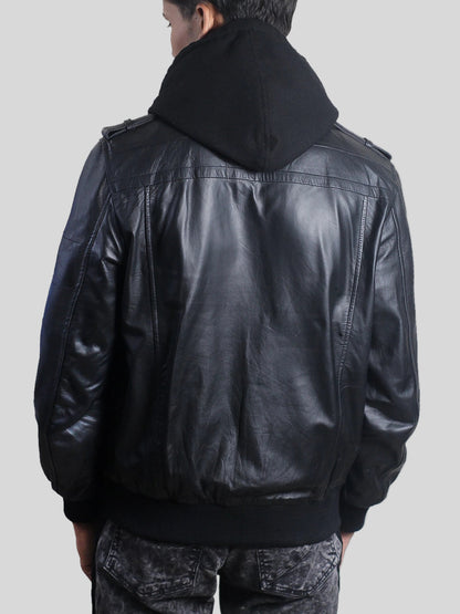 Men’s Black Lambskin Leather Hooded Bomber Jacket