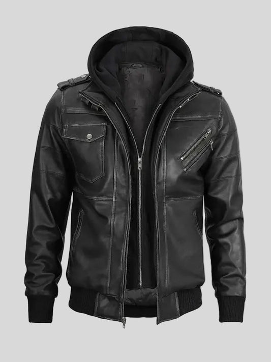 Men’s Black Leather Bomber Jacket With Hood