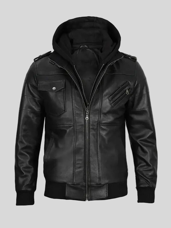 Men’s Black Leather Bomber Jacket with Hood