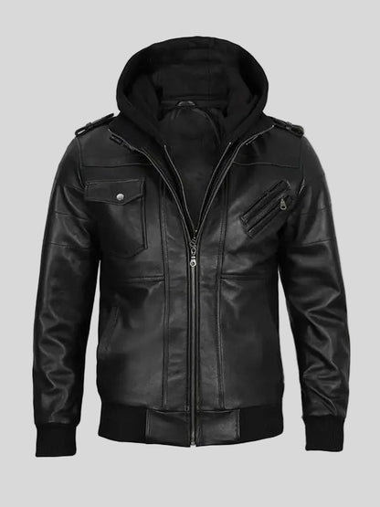 Men’s Black Leather Bomber Jacket with Hood