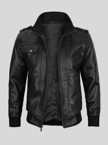 Men’s Black Leather Bomber Jacket