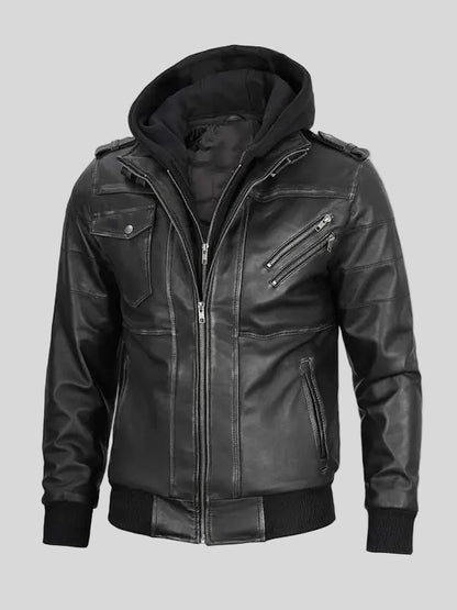 Men’s Black Leather Hooded Bomber Jacket