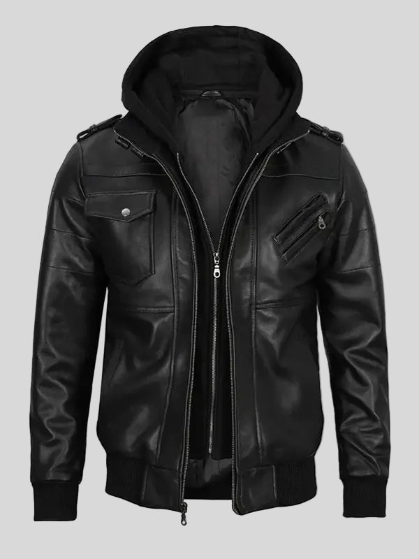 Men’s Black Leather Hooded Bomber Jacket