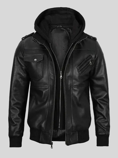 Men’s Black Leather Hooded Bomber Jacket