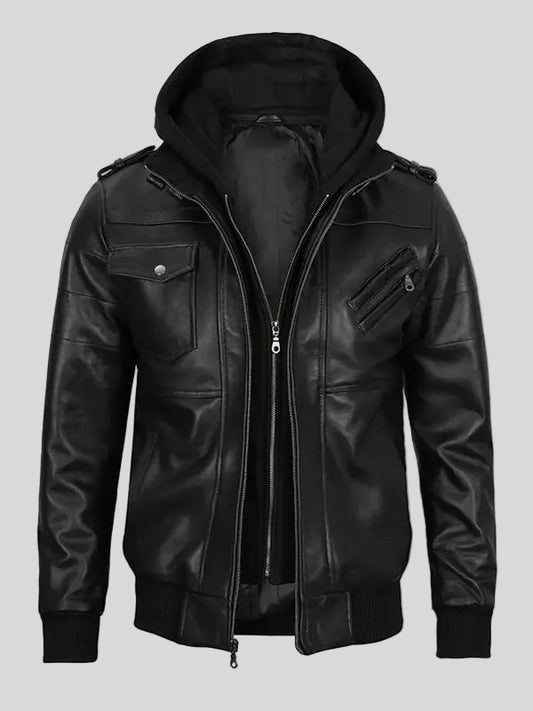 Men’s Black Leather Hooded Bomber Jacket