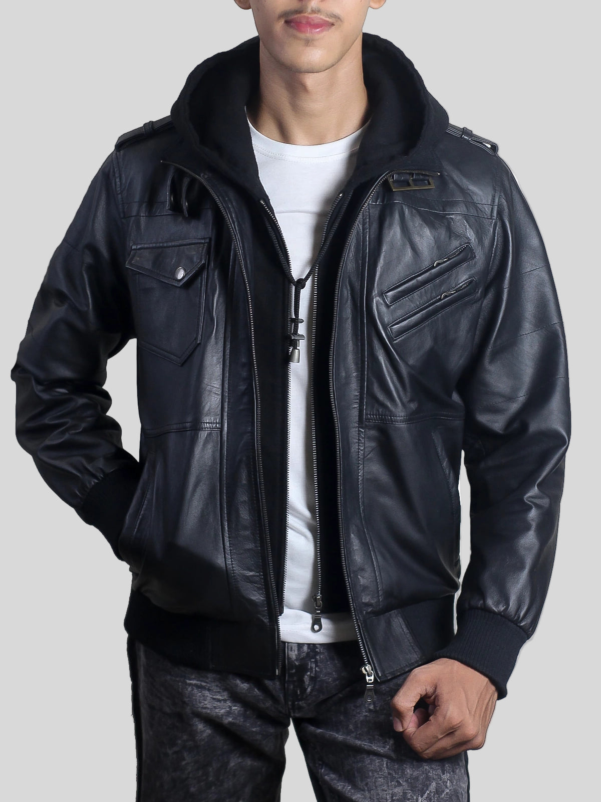 Men’s Black Leather Hooded Bomber Jacket