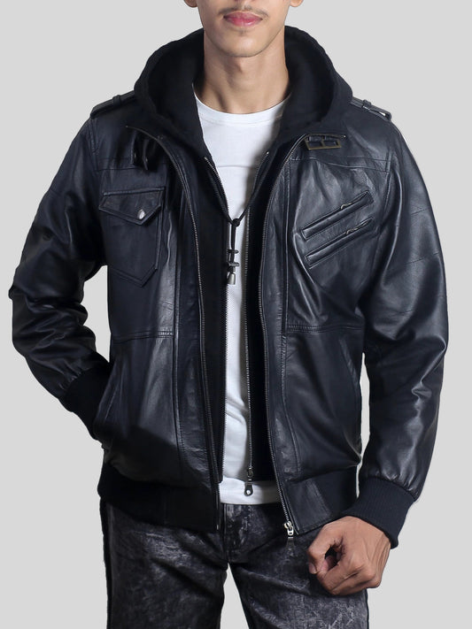 Men’s Black Leather Hooded Bomber Jacket