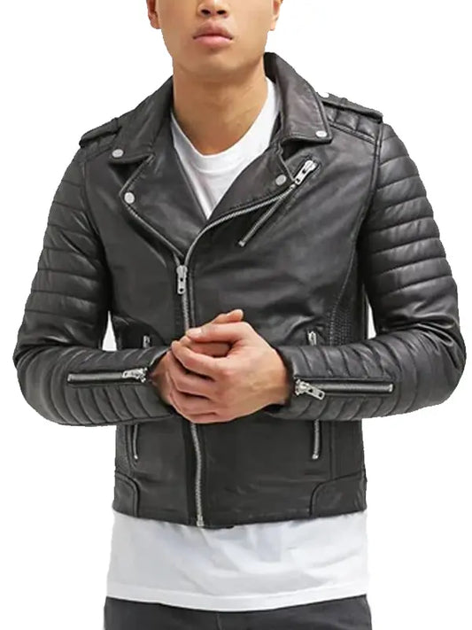 Mens Black Leather Padded Motorcycle Jacket