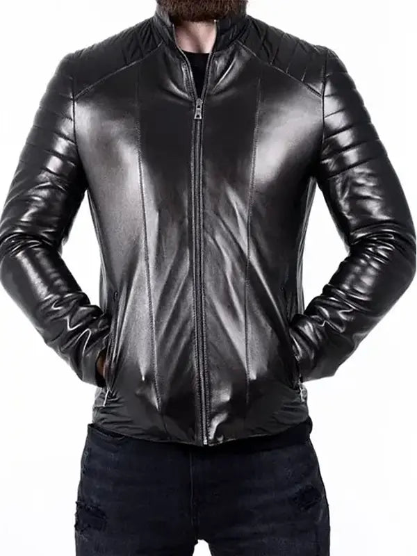 Mens Black Padded Leather Biker Jacket