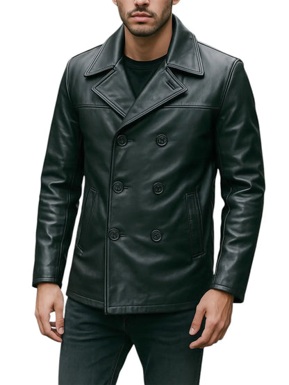 Men's Black Real Leather Peacoat