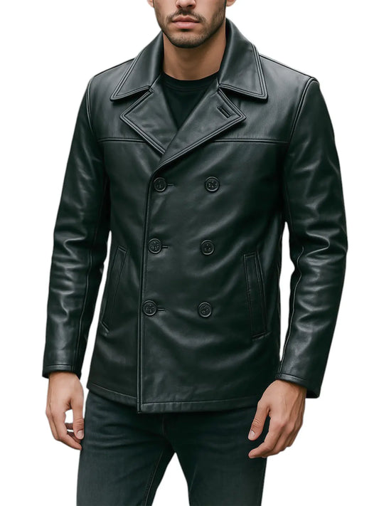 Men's Black Real Leather Peacoat