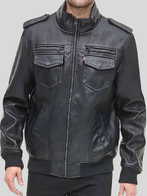 Mens Black Sheepskin Leather Bomber Jacket