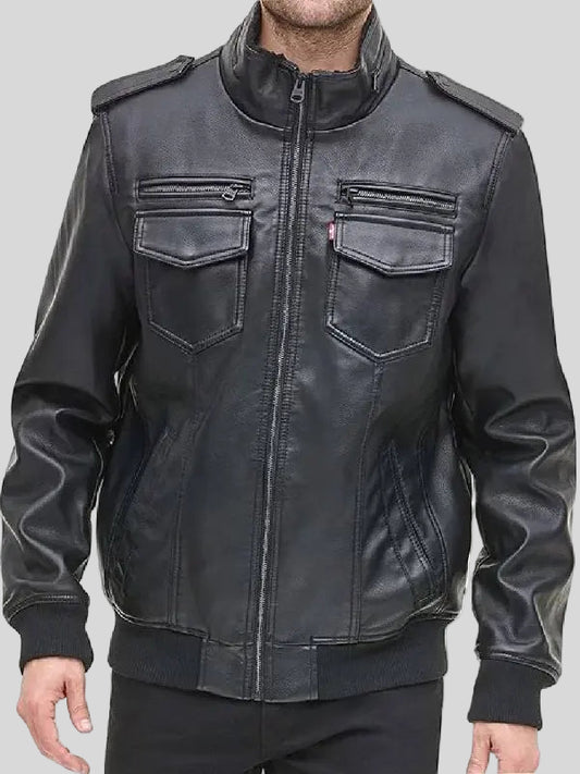 Mens Black Sheepskin Leather Bomber Jacket