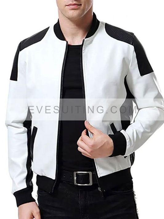 Mens Black & White Leather Biker Bomber Jacket