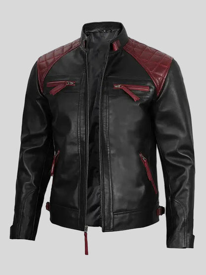 Men's Black and Maroon Biker Leather Jacket