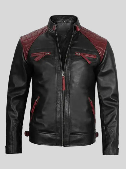 Men's Black and Maroon Quilted Cafe Racer Leather Jacket