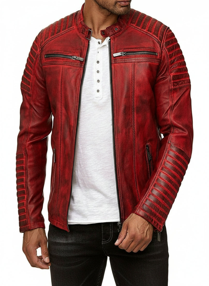 Men’s Cafe Racer Retro Distressed Red Leather Jacket