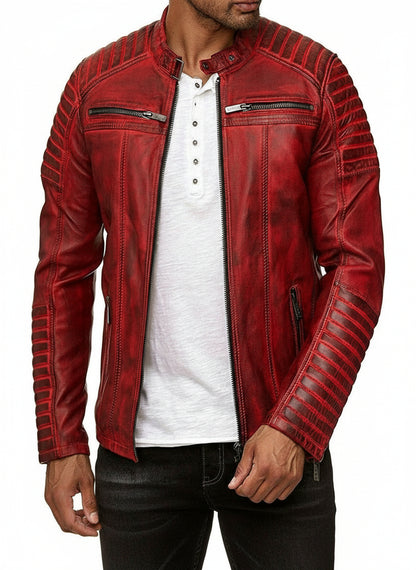 Men’s Cafe Racer Retro Distressed Red Leather Jacket