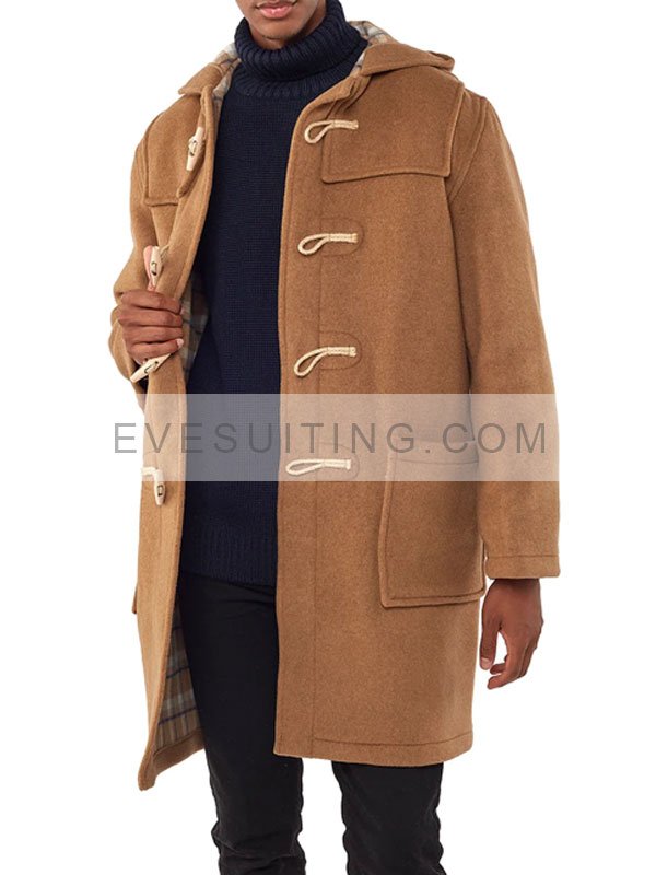 Men's Camel Duffle Coat With Hood