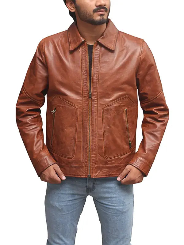 Men’s Cognac Trucker Leather Jacket