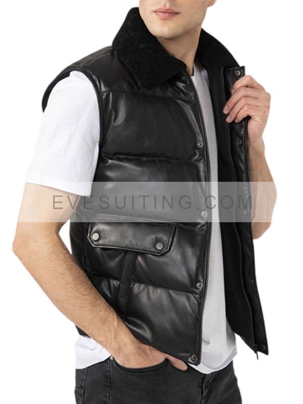 Mens Collar Style Leather Puffer Vest For Mens