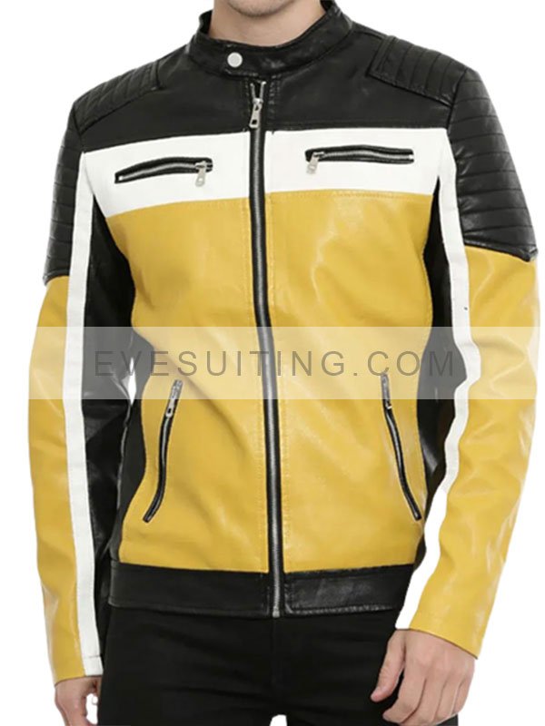 Mens Color Block Quilted Leather Biker Jacket