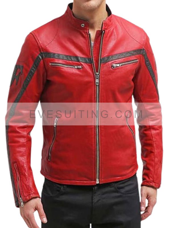 Mens Columbus Red Leather Biker Jacket