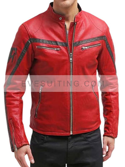 Mens Columbus Red Leather Biker Jacket