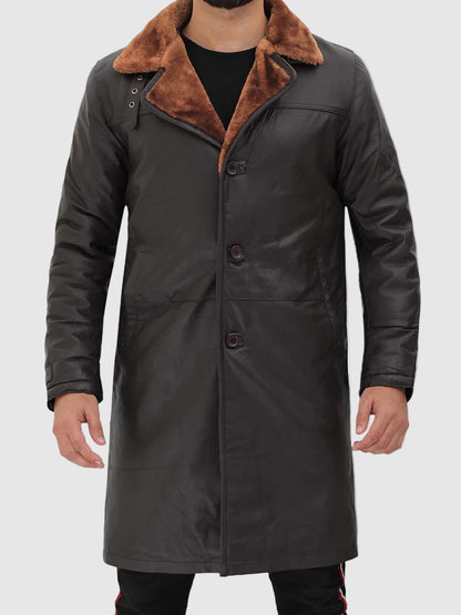 Men's Dark Brown Shearling Leather Trench Coat