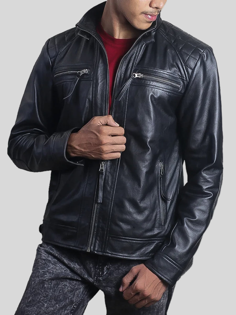 Men’s Diamond Black Leather Jacket with Detachable Hood
