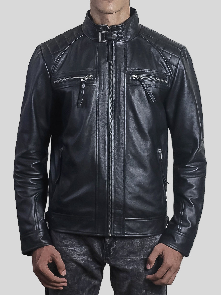 Men’s Diamond Black Leather Jacket with Hood
