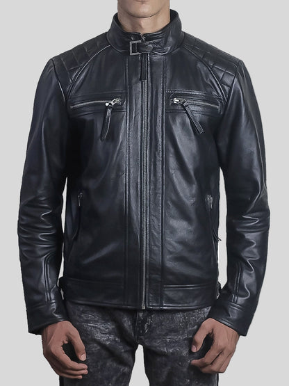 Men’s Diamond Black Leather Jacket with Hood