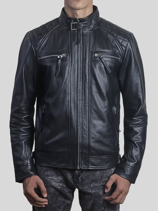 Men’s Diamond Black Leather Jacket with Hood