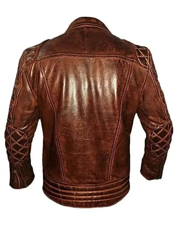 Men's Diamond Quilted Vintage Leather Biker Brown Jacket