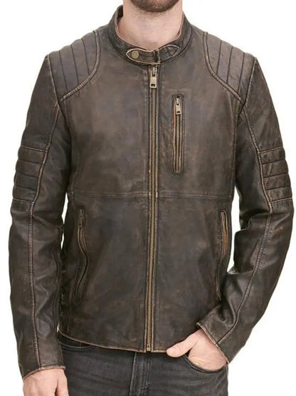 Mens Distressed Motorcycle Brown Leather Jacket