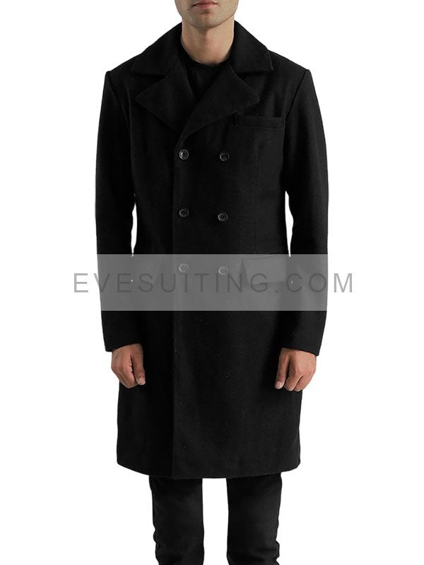 Men's Double Breasted Black Wool Trench Coat