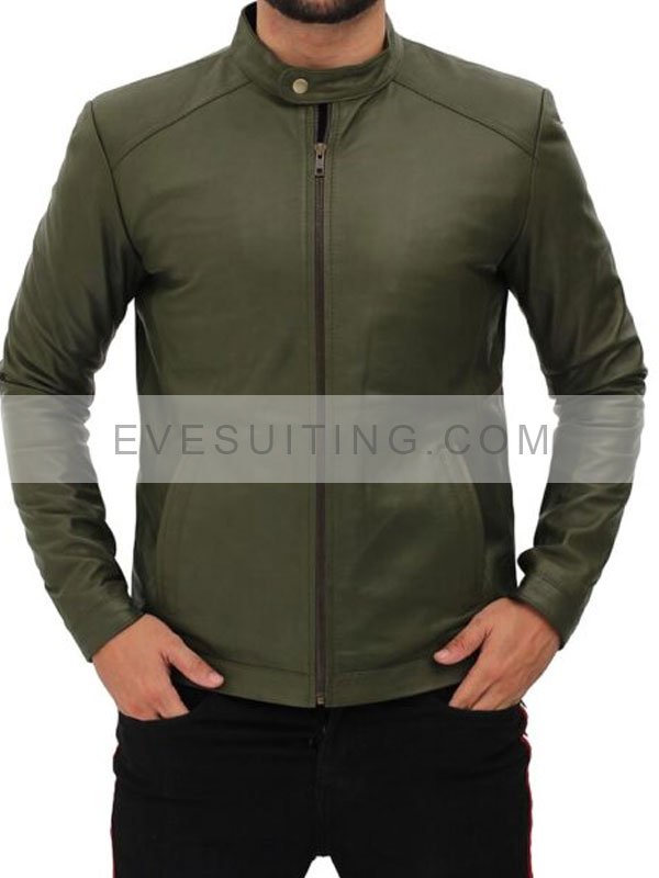 Mens Fano Olive Green Leather Biker Jacket
