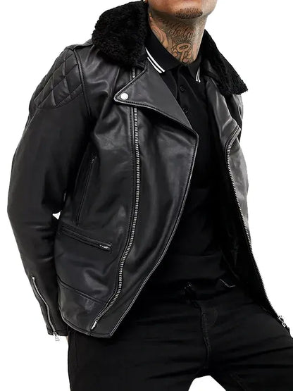 Men's Fur Collar Black Leather Biker Jacket