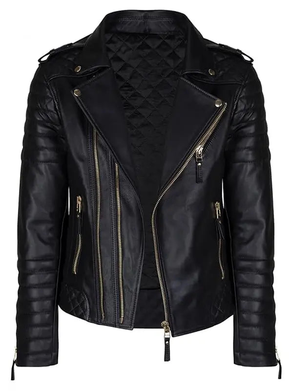 Men's Gold Zipper Black Leather Biker Jacket