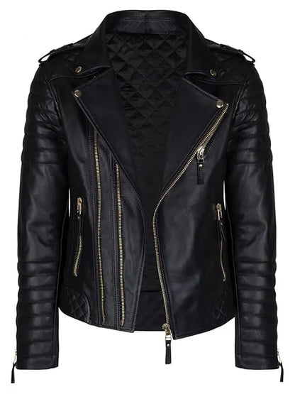 Men's Gold Zipper Black Leather Biker Jacket