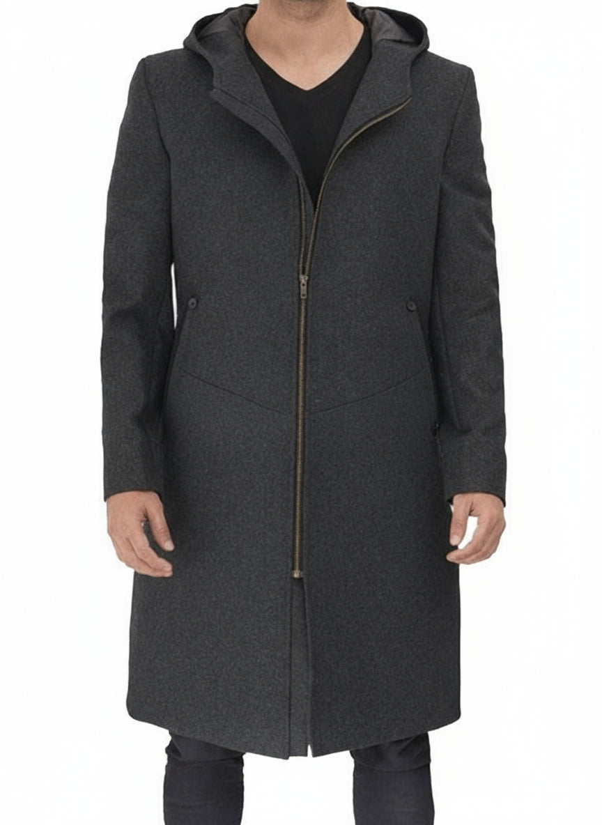 Men's Grey Hooded Wool Trench Coat