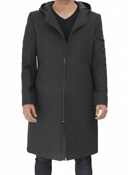 Men's Grey Hooded Wool Trench Coat