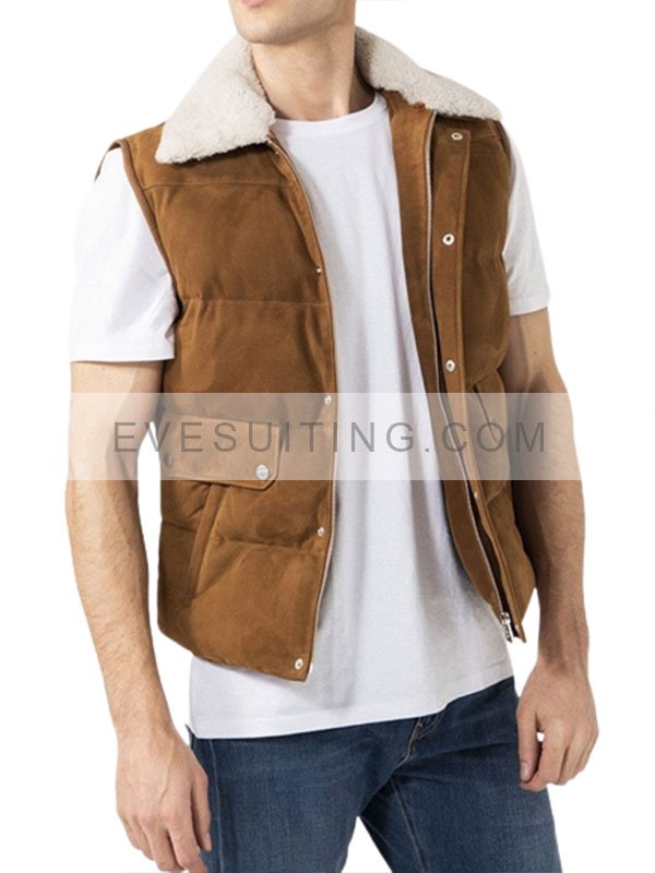 Mens Leather Shearling Collar Vest