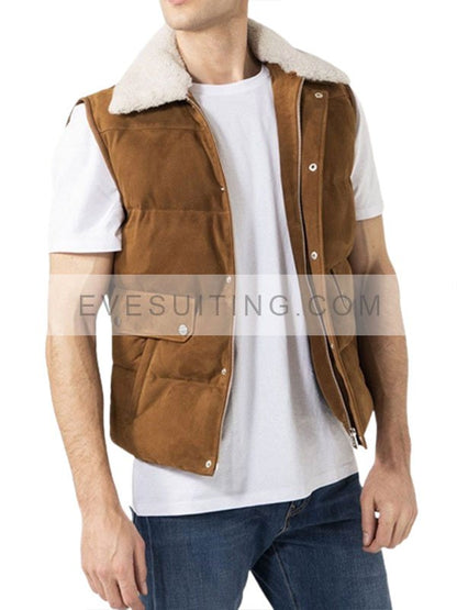 Mens Leather Shearling Collar Vest