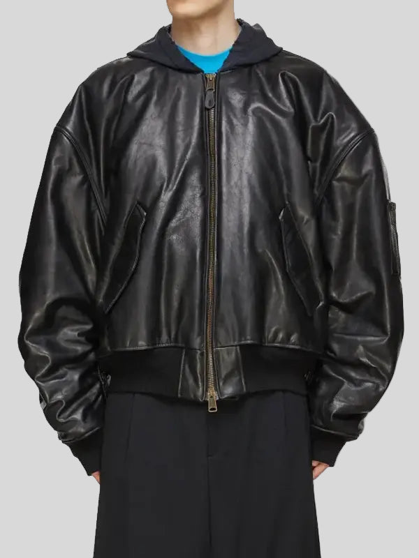 Men’s MA-1 Black Leather Oversized Bomber Jacket