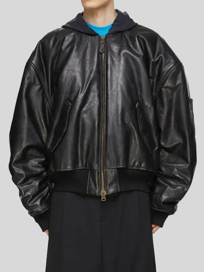 Men’s MA-1 Black Leather Oversized Bomber Jacket