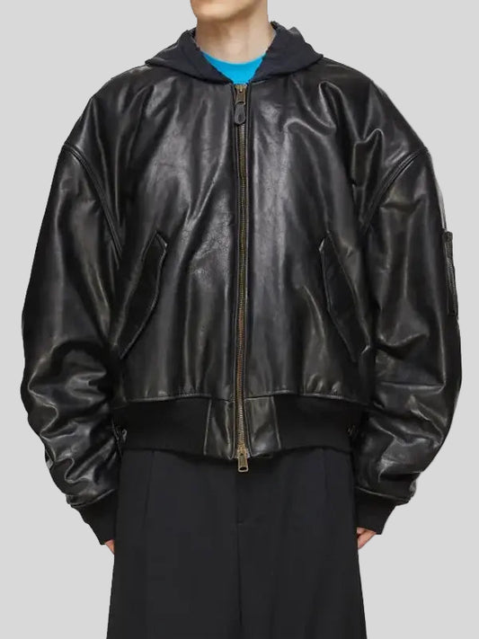 Men’s MA-1 Black Leather Oversized Bomber Jacket
