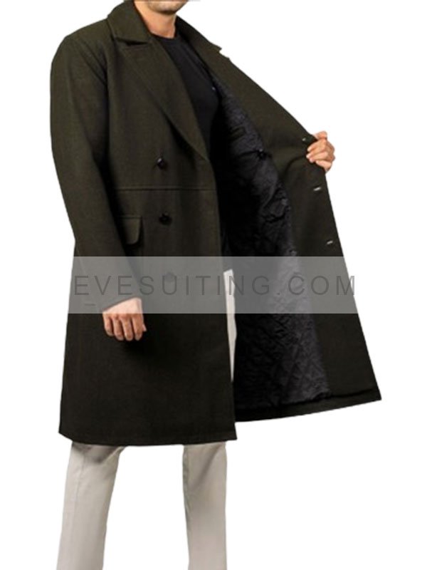 Men's Modern Fit Military Green Trench Wool Coat