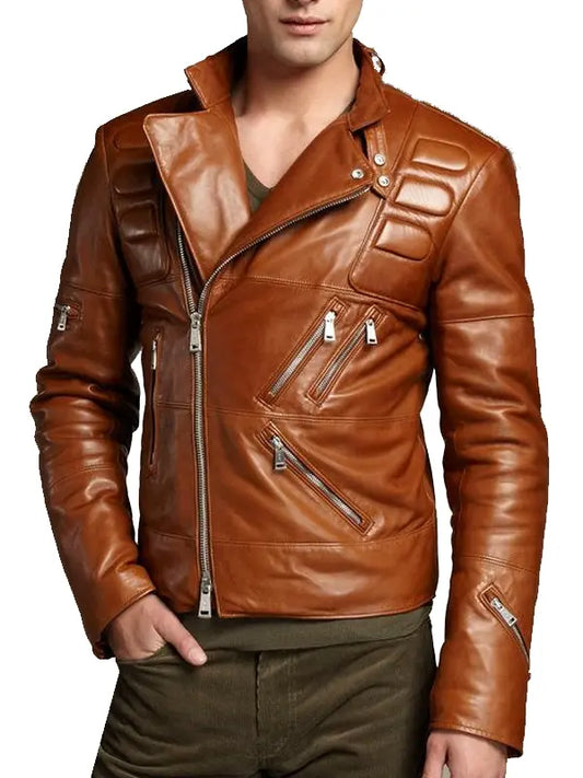 Mens Motorcycle Brown Biker Padded Leather Jacket